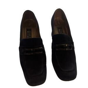 Stuart Weitzman Black Gauze Black Buckle Rubber Sole Loafer Heels Size 8.5 M
